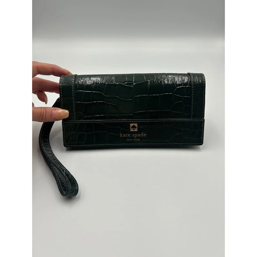 Kate Spade Linney Perri Lane Croco Leather Wristlet Wallet Loden Green WLRU2274